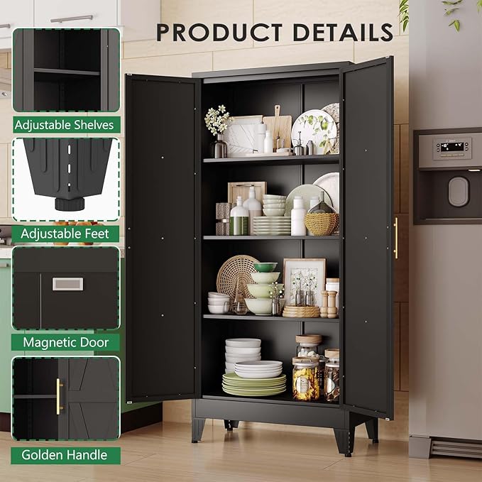 61" Kitchen Pantry Cabinet, Metal Storage Cabinet with 2 Doors and 3 Adjustable Shelves, Black Food Pantry Cupboard for Kitchen, Dining Room, Living Room and Bathroom (Black)