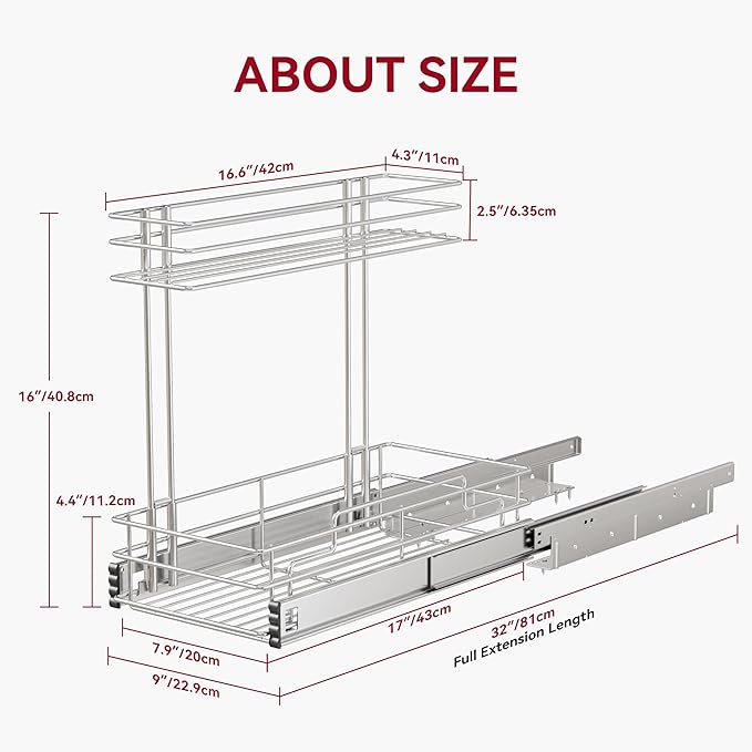 STORKING Under Sink Organizer 9" W X17 D, Pull Out Cabinet Organizer 2 Tier, Under Sink Slide Out Chrome Plated, Under Kitchen Bathroom Organizer, Pantry Cabinet Closet Organization Rack, 1 Pack