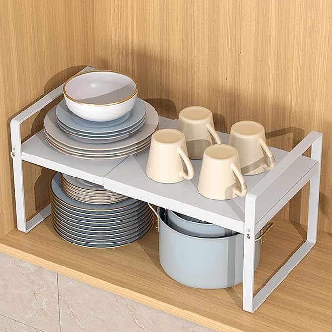 Expandable Cabinet Shelf, Lengths Adjustable Shelf Organizer Riser, Metal Space-Saving Cupboard Organizers for Kitchen Cabinet Pantry Cupboard Under Sink Countertop, White