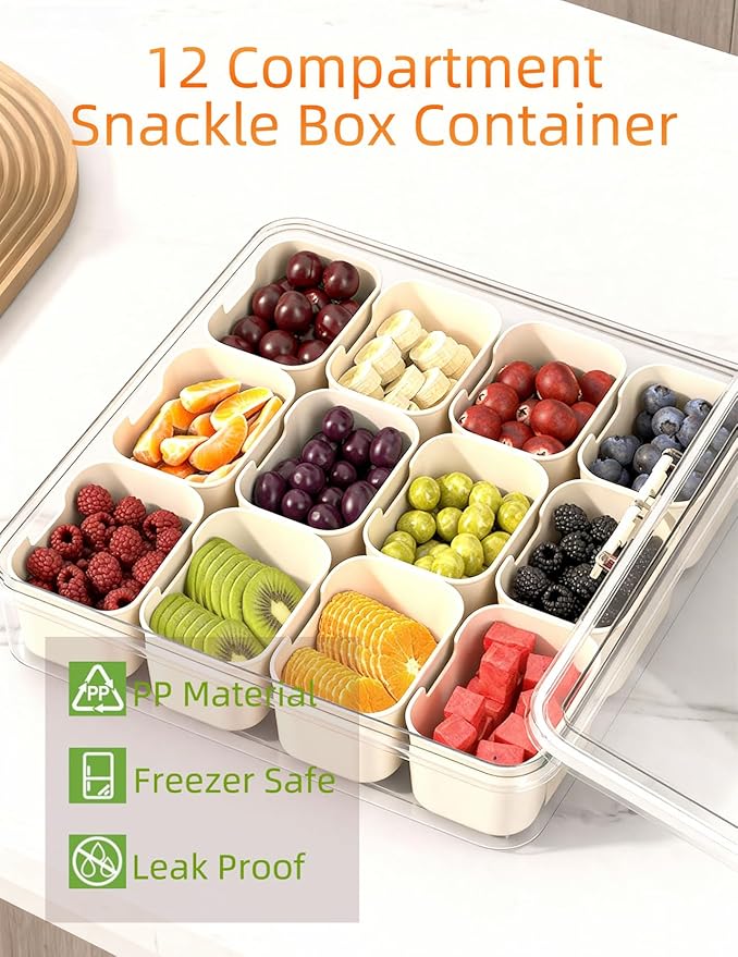 Snackle Box Container, 12 Compartment Divided Serving Tray with Lid, Sorting Portable Party Trays Clear Organizer with Locking Lid Handle for Beach Vacation, Party, Picn