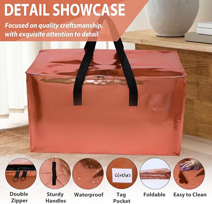 6 Pack Moving Bags Heavy Duty, Extra Large Moving Bags, Moving Supplies, Storage Bags with Handles and Zippers, Waterproof Totes for Storage Saving Packaging Shipping and Travel(Laser Copper)