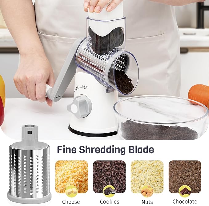 Nexsujo Rotary Cheese Grater Hand Crank, 3 Blades Slicer Shredder, Cheese Grater for Kitchen, Multi-Functional Kitchen Tool for Vegetables, Nuts, Chocolate, with Strong Suction Base, White