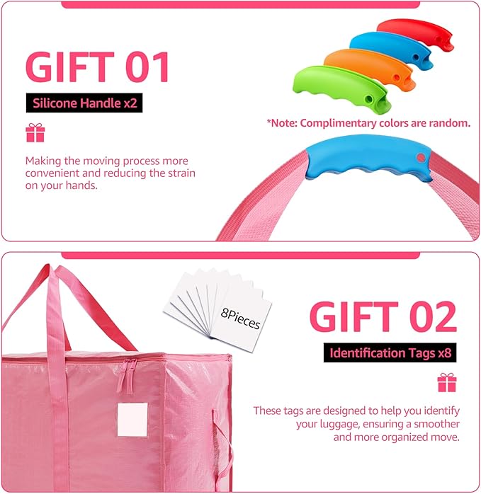 Moving Bags Heavy Duty Extra Large, Moving Boxes, Moving Supplies Essentials,Storage Bins with Lids, Plastic Packing Totes, Storage Bags for Clothes with Handles & Zippers(Pink, 8 Pack)