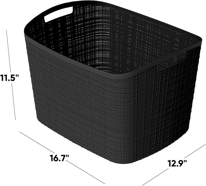 Curver Set of 2 XL 30.5L Jute Decorative Plastic Organization and Storage Baskets - Perfect Bins for Home Office, Closet Shelves, Kitchen Pantry and All Bedroom Essentials, Black