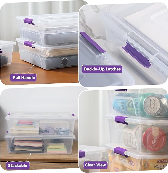 novelinks Clear Stackable Storage Bins with lid Storage Boxes Durable Plastic Organizer Containers for Home Office, Kitchen, Craft Supplies (10 Quart 4 Pack Purple)
