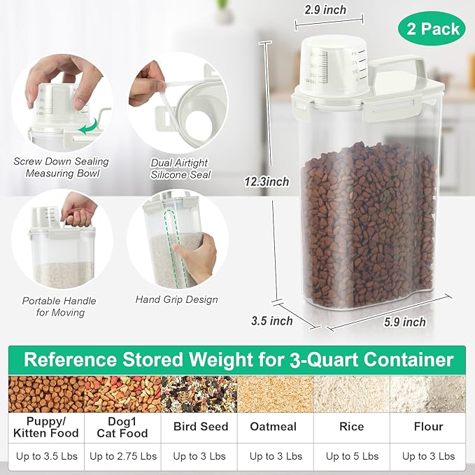 TBMax Small Dog Cat Food Storage Containers 2 Pack, Travel-Friendly Pet Food Container with Spout & Measuring Cup, Kid-Friendly Pet Feeding Dispenser, Portable Dog Treat Bird Seed Container -Beige