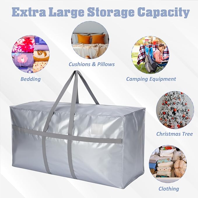 4 Pcs 149 Gallon Extra Large Moving Bags Heavy Duty Storage Bag with Strong Zipper Handle Foldable XXL Jumbo Storage Tote Packing Moving Box for College Dorm Travel Cloth Duffle (Silver)