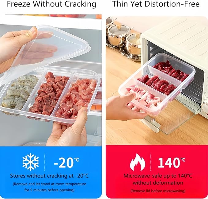 4 Pcs Reusable Food Storage Containers with Lids, Food Containers for Storing fruits, Meat, Snacks Spices、Seasonings and Vegetables.(3 Compartments)
