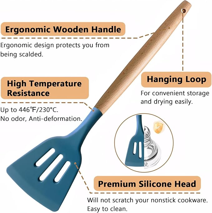 IOCBYHZ Silicone Cooking Utensils Set 6Pcs Heat Resistant Silicone Kitchen Utensils Set for Cooking Spatula Spoon Turner Ladle w Wooden Handle, BPA FREE Kitchen Gadgets for Nonstick Cookware & Baking