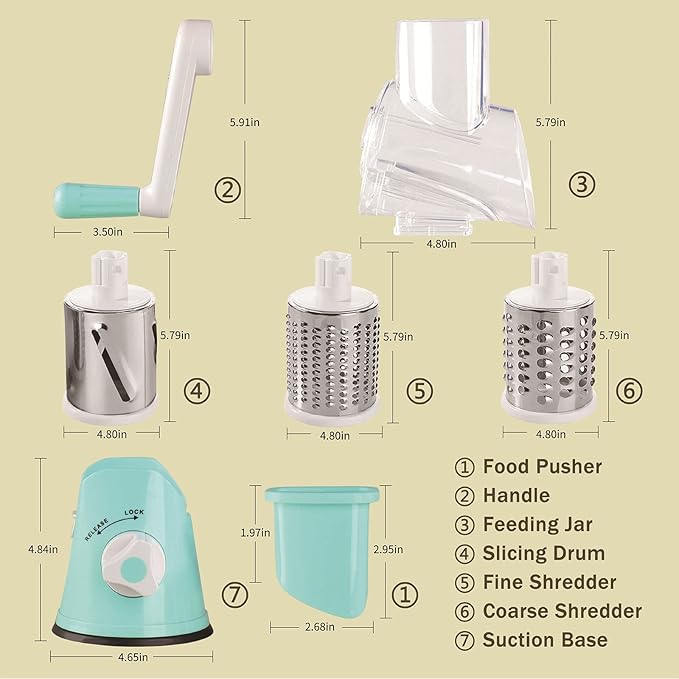 EDEFISY Cheese Grater Hand Crank - 3-in-1 Stainless Steel Rotary Grater & Shredder for Cheese, Vegetables, Nuts, Chocolate - Easy Crank Manual Food Grinder with Drum Slicer (Blue)