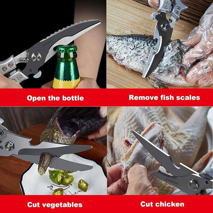 AUDAMI 2 Pack Kitchen Shears,Heavy Duty Stainless Steel All-Purpose Poultry Meat Scissors for Cooking-Dishwasher Safe