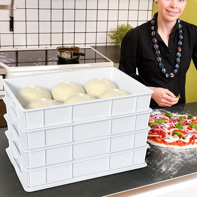 Qskely 4 Pack Commercial Pizza Dough Proofing Box with Lid, Plastic Stackable Pizza Proofing Dough Trays, 23.62" x 16.42" x 3.74", White