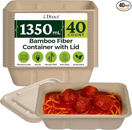 Dtocs Bamboo Fiber Meal Prep Containers with Lids 1350 ml, 40 Pcs | Bagasse Like Bamboo Disposable Container for Lunch, Salad, To Go Meal Box | Alternative to Paper, Plastic Food Containers