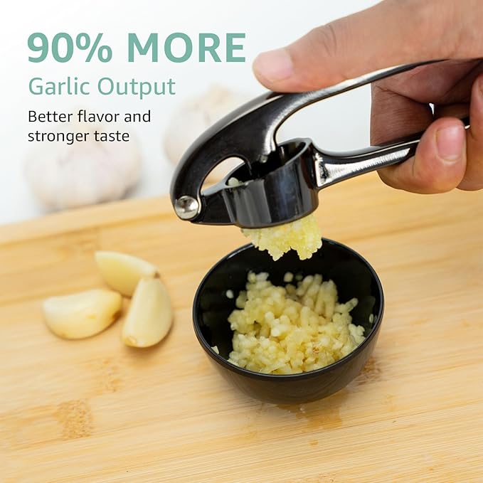 GD Black Garlic Press Crusher Mincer Tool - Premium Garlic Press smasher, Dishwasher Safe & Rust Proof, Easy-Squeeze Garlic Crusher with Ergonomic Handle - Includes Silicone Peeler & Brush (Black)