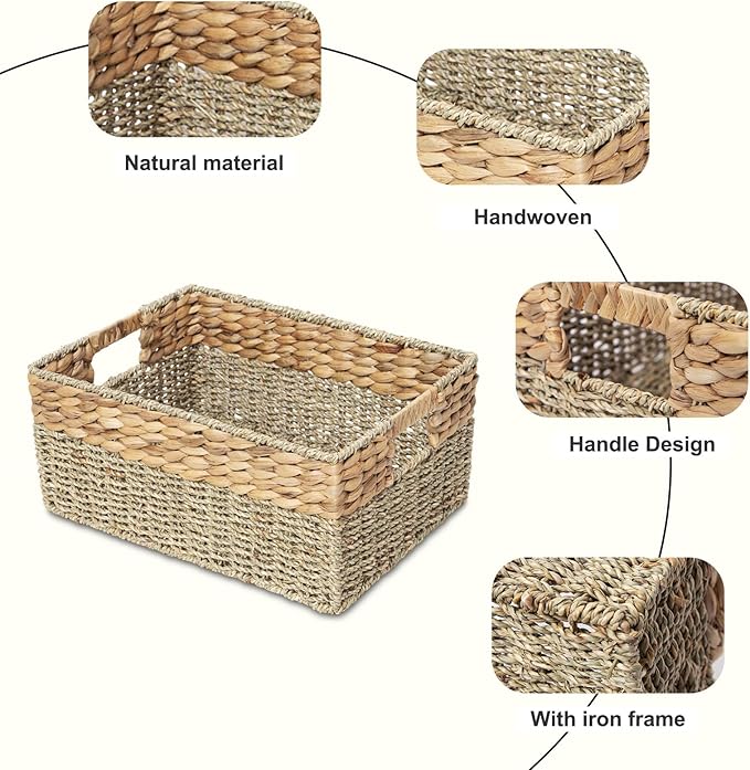 YAHUAN Natural Water Hyacinth & Seagrass Woven Storage Baskets – Wicker Storage Basket Organizer Bins with Handles for Home & Office Pantry Shelf (Large)