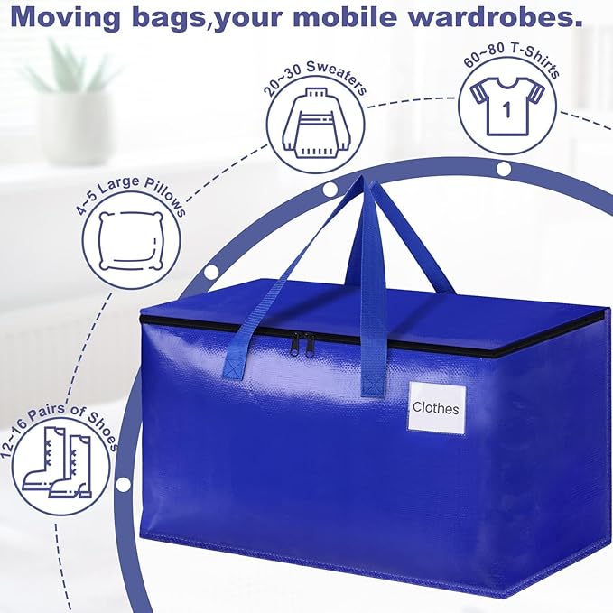 StorageRight Heavy Duty Moving Boxes-Moving Bags with Zipper, Reinforced Handles and Tag Pocket-Collapsible Moving Supplies-Totes for Storage Great for moving, Storage and Travel 93L(Blue-8 Pack)
