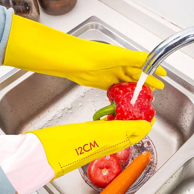 Vgo... 1-Pair Reusable Household Gloves, Rubber Dishwashing gloves, Extra Thickness, Long Sleeves, Kitchen Cleaning, Working, Painting, Gardening, Pet Care (Size M, Yellow, HH4601)