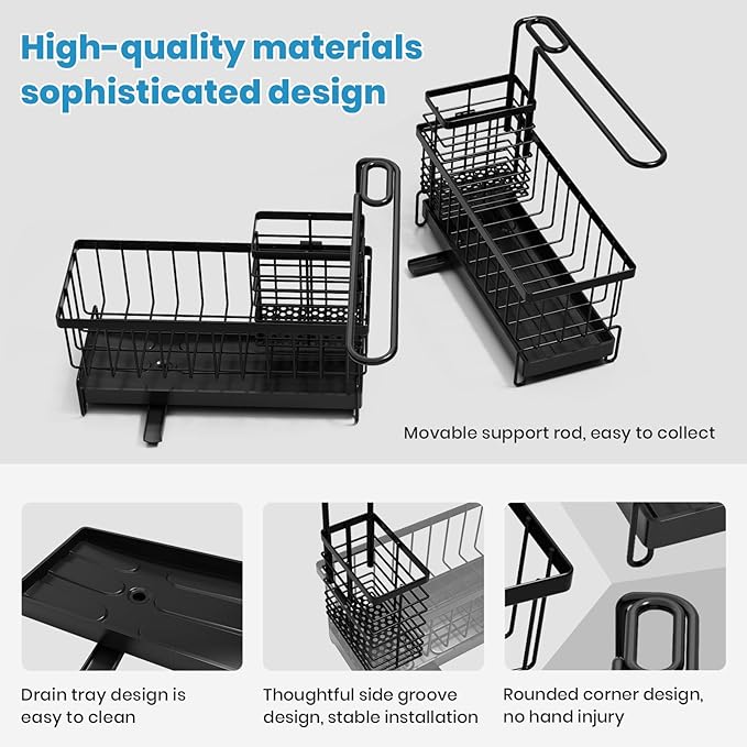 Kitchen Sink Caddy, Sponge Holder with Towel Holder, Kitchen Holder for Sink with 360 Degree Rotating Drain, Carbon Steel Rustproof, Kitchen Sink Caddy Sponge Holder for Gadgets and Decor