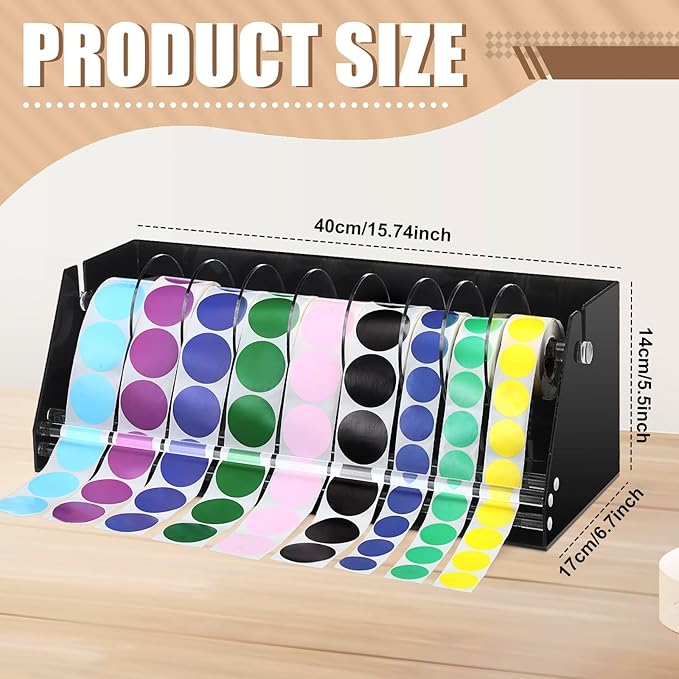Adjustable Label Dispenser Acrylic Sticker Roll Dispenser Label Roll Holder Multi Use Sticker Holder Organizer Stand for School Gifts and Home Office Desktop(9 Disks)