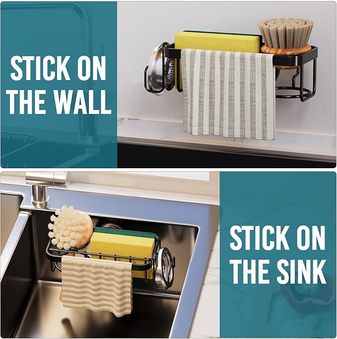 TAILI 4-in-1 Sponge Holder for Kitchen Sink with Strong Suction Cup Removable, Rustproof Aluminum Sink Caddy for Sponge, Brush, Scrubber, Scraper -Black