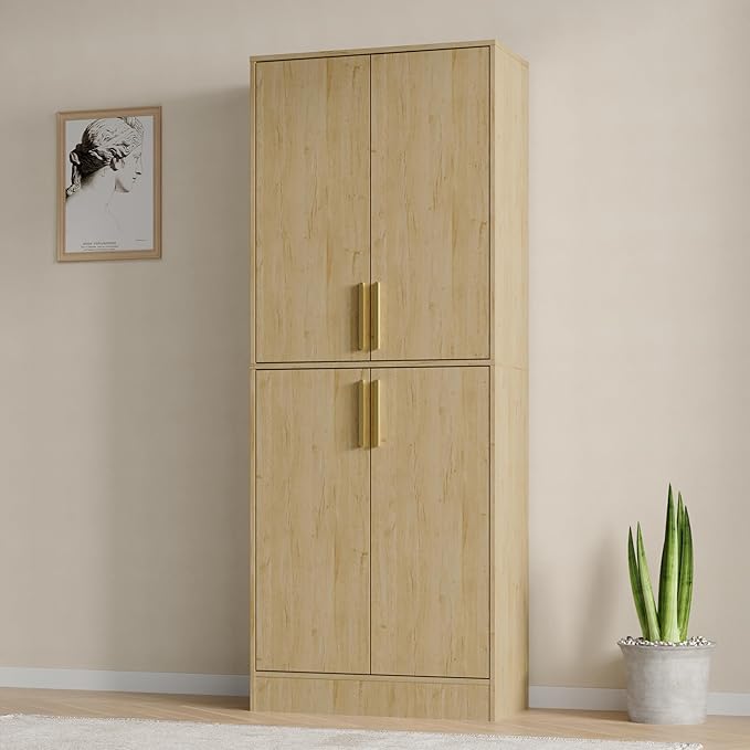 Housoul 71" Tall Pantry Cabinet with 4 Doors, Kitchen Pantry Storage Cabinet, Freestanding Larder Cupboard, Utility Kitchen Hutch with Gold Handles for Dining Room, Bathroom, Natural