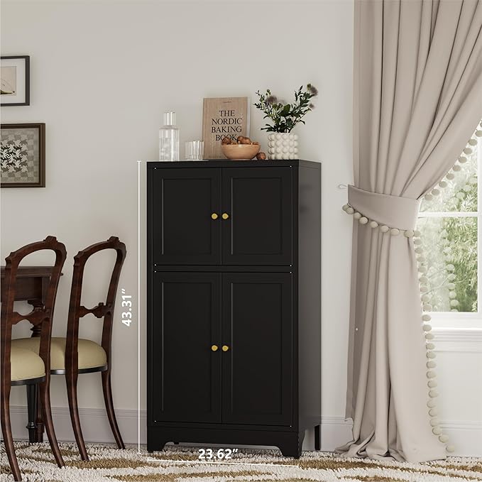 Bathroom Floor Cabinet, Metal Storage Cabinet with 2 Adjustable Shelves & 4 Doors,Freestanding Sideboard for Dining Room,Living Room, Home Office(1PC,Black)