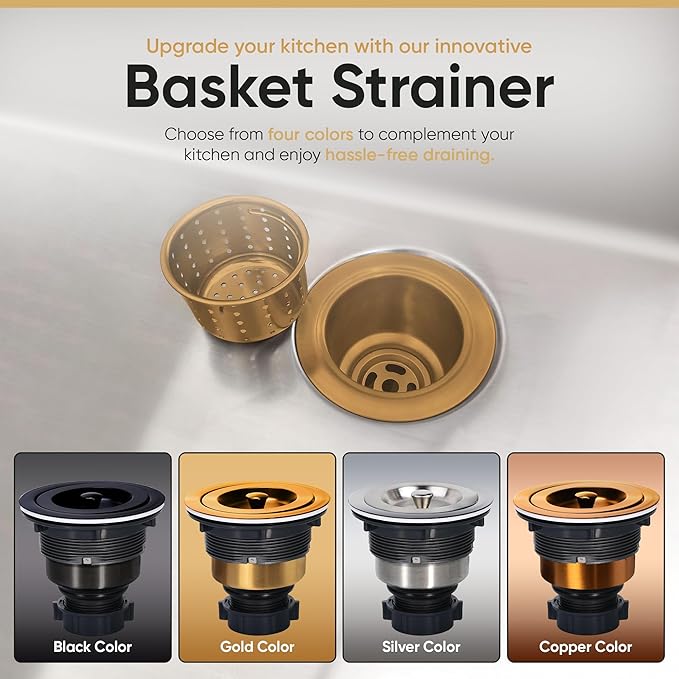 Strictly Sinks Sink Drain Strainer with Removable Basket - 3-1/2 Inch Stainless Steel Round Kitchen Sink Drain Assembly Kit with Deep Strainer Basket & Stopper (Gold)