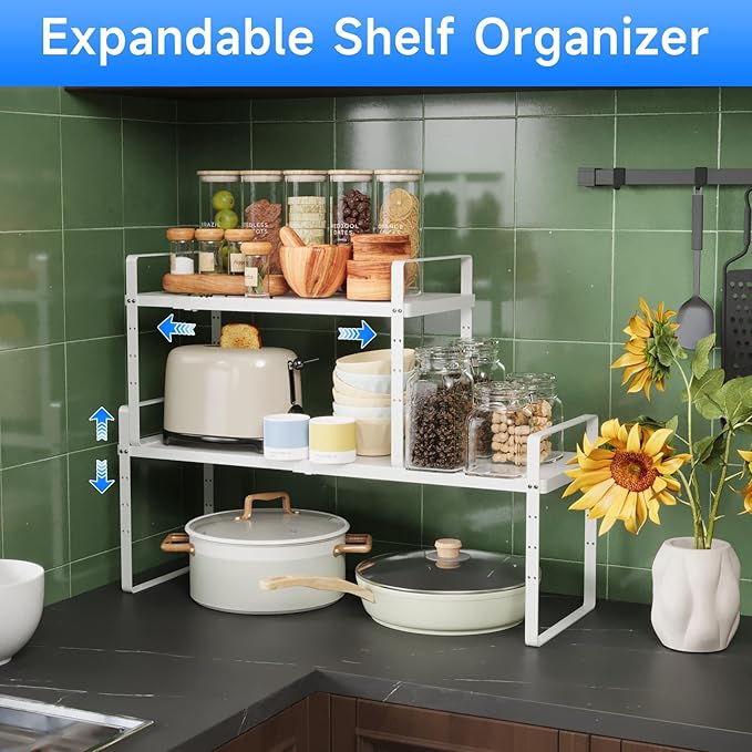 KIKIBRO Expandable Cabinet Shelf Organizer, Stackable Kitchen Pantry Counter Storage, Adjustable Closet Cupboard Stand Rack Risers Spice Organization 80LBS Heavy Duty White Large 1 Pack