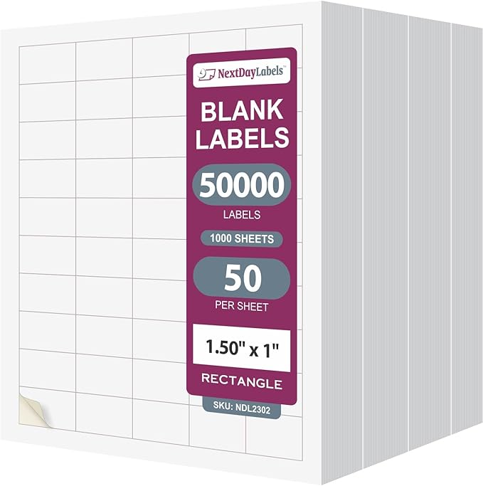 NextDayLabels 1.5x1 Inch Rectangle Stickers White Blank Labels for Laser Inkjet Printer - 50 Per Sheet Self-Adhesive Name Tags Address Barcode, Made in USA - 50,000 Labels