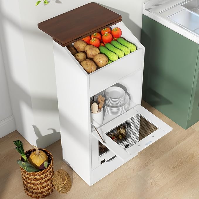 Patiorama Wood Potato and Onion Storage Bin Box with Lid, 4-Tier Farmhouse Wooden Bread Box Cabinet with 2 Mesh Doors & Rolling Drawer, Large Vegetable Storage Bin Organizer for Kitchen Pantry White