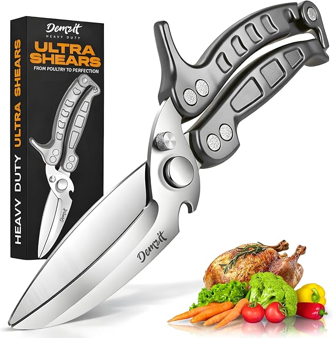 Poultry Shears Heavy Duty Professional, Turkey Shears for Chicken & Bone Cutting, Meat Cutting Scissors, Spring-Loaded Multi-purpose Kitchen Scissors, Dishwasher Safe, Non-Slip Handle, Silver