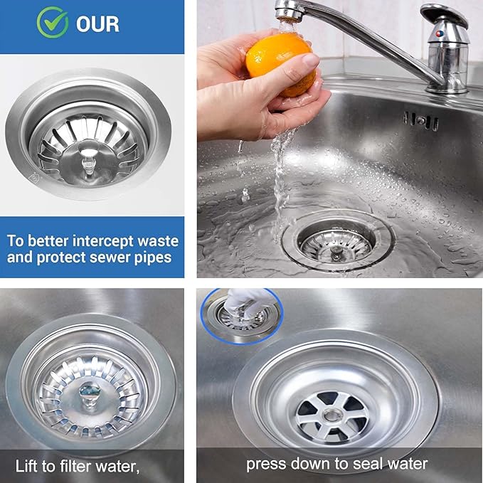 3-1/2'' ﻿Kitchen Sink Drain Kit Sink Drain Basket Sink Drain Assembly 304 Stainless Steel Sink Strainer Basket Stopper for Home Standard Kitchen Sinks （Tailpiece Included）