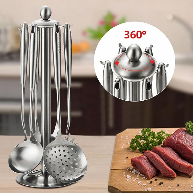 MAXCOOK Cooking Utensils set, 18/8 Stainless Steel Kitchen Utensils set, 7 Pieces Cookware Set with Rotating Holder, Heat Resistant Stainless Steel Cooking Spoon(Dishwasher Safe)