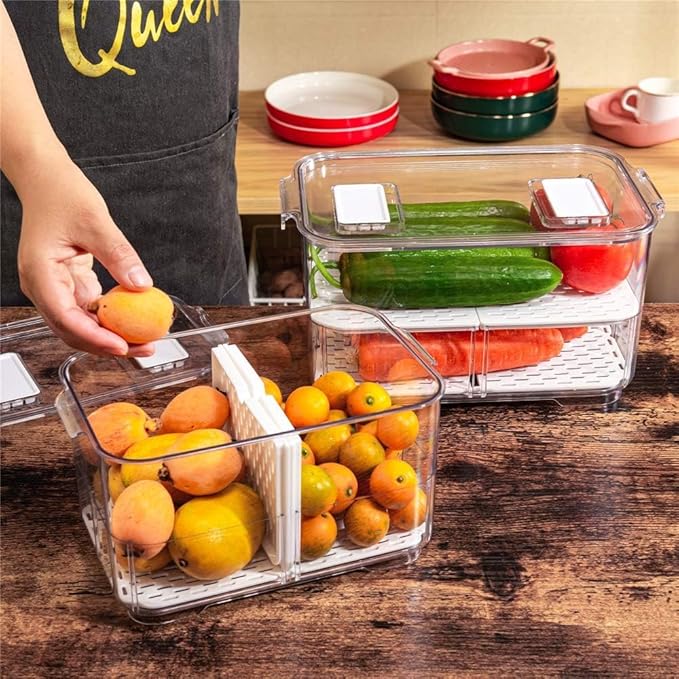Fridge Food Storage Bin Containers Produce Saver, Stackable Freezer Bins Fresh Keeper Food Storage Containers for Fridge Freezer Cabinet Kitchen Organization, Set of 2