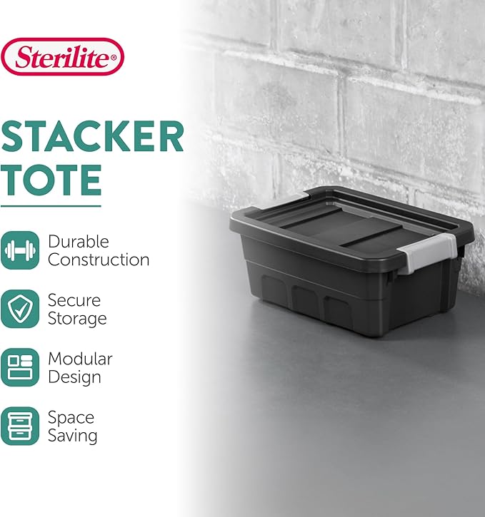 Sterilite 12-Pack Plastic Storage Bins with Lids, Stackable Containers, 4 Gallon, Black