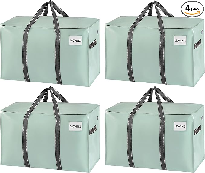 VENO 4 Pack Moving Bags and Large Christmas Storage Bins with lids. Alternative to Moving Boxes, Packing Supplies for College. Extra Large Heavy Duty Totes for Packaging (Shiny Light Green, 4 Pack)