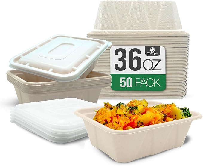 TOPtoper 50 Pack 36 Oz Large Paper Bowls with Lids, Heavy Duty Compostable Paper Bowls for Party, Disposable Bowls Bulk Leakproof and Microwave Safe for Hot/Cold Use (36 OZ)