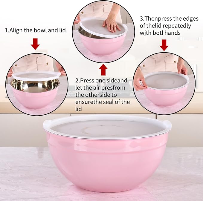 LKTDYMEG Pink Mixing Bowls with Lids Set of 7, Stainless Steel Nesting Bowl with Khaki Lid for Non-slip Mixing Prepping Storing Serving, 7 Sizes-7/3.6/2.7/2.1/1.5/1/0.8 QT
