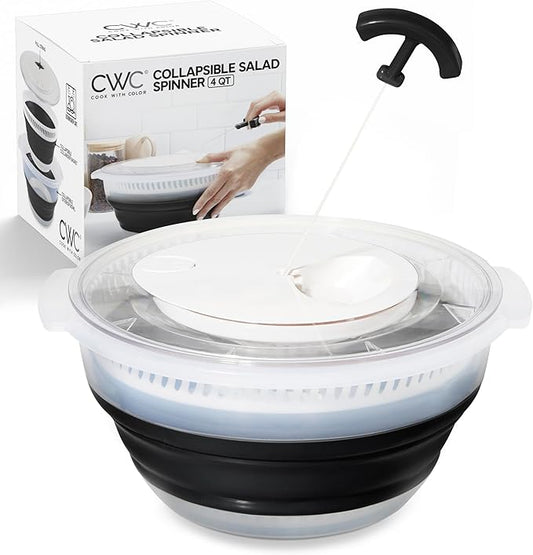 COOK WITH COLOR Collapsible Salad Spinner - 4 QT Space Saving Lettuce Dryer with Folding Collapsible Colander Great for Washing and Drying Fruit and Vegetables (Black)
