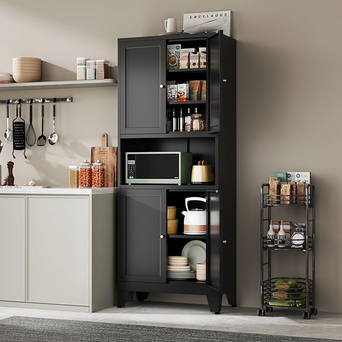 YAUWOH Metal Pantry Storage Cabinet, 69" Tall Storoge Cabinet with 4 Doors & 3 Adjustable Shelves, Microwave Stand with Storage for Kitchen, Dining Room, Living Room (1PC,Black)