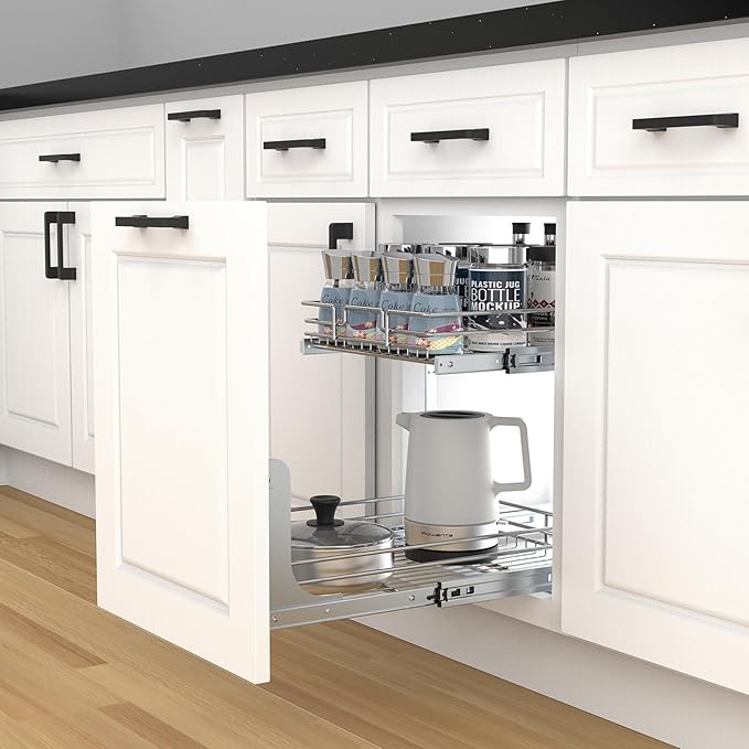 2 Tier Pull Out Cabinet Organizer, 11" W x 21" D Heavy-Duty Metal Sliding Drawer Shelf for Kitchen Cabinets, Chrome, Doesn't Include Door Fittings