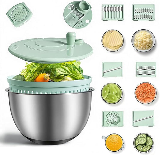 Stainless Steel Salad Spinner 3-in-1, One-Touch Stop and Non-Slip Base, Vegetable Dryer for Kitchens, Parties, and Health-Conscious People, 5.3 Qt