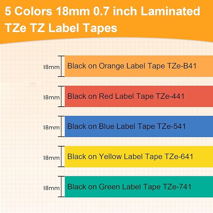 Labelife Replacement for Brother P Touch Label Tape TZe TZ Tape 18mm 0.7 Inch Laminated Black on Orange/Red/Blue/Yellow/Green Compatible with Brother P Touch PT-D400 D410 D600 1880, 3/4 inch, 5-Pack