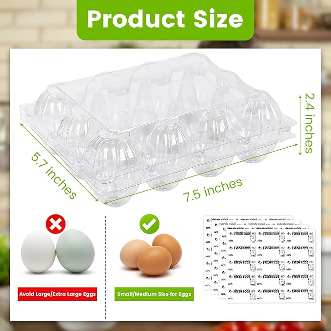 LOVEINUSA 100 Pack Clear Plastic Egg Cartons Bulk with Date Labels- Reusable 12-Count Dozen Holders for Small to Medium Eggs, Perfect for Farmers Market Display, Refrigerator Storage & Farm Transport