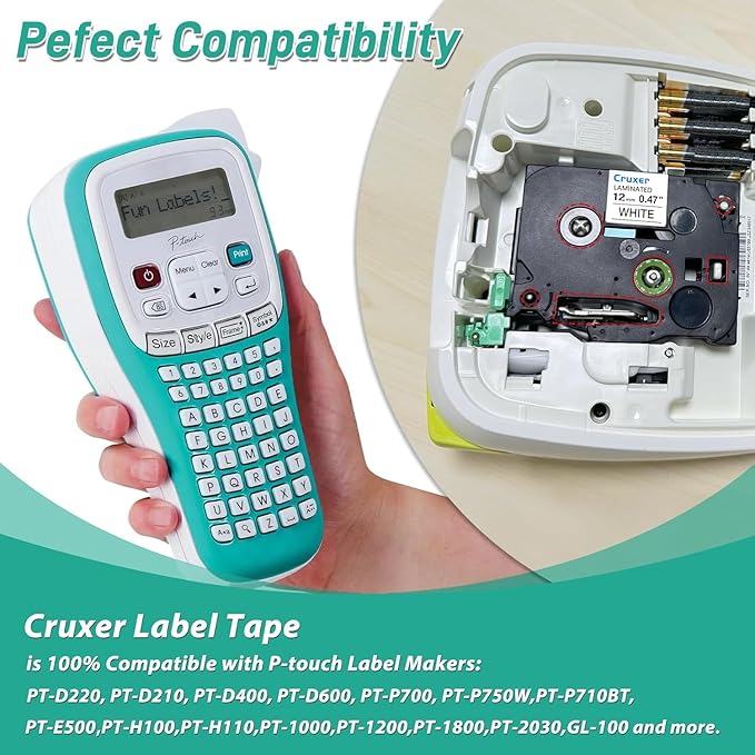 5 Pack Cruxer Replacement for P-Touch TZe-231 TZ-231 Label Tape Black Text on White Laminated 12mm 0.47" use for Ptouch PT-D200 PT-D210 PT-D400 PT-D450 PT-D600 PT-H100 PT-1230PC Label Maker