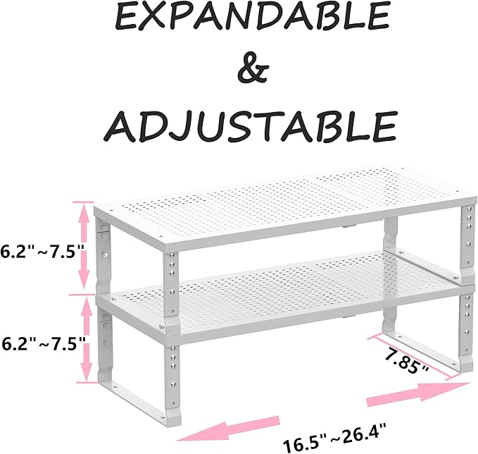 Asiingkel Metal Stackable Expandable Storage Shelf - Multi-Functional Home Storage Shelf, Suitable for Kitchen, Cabinet，Bathroom, Office, Garage, etc.（2PACKS/White/Medium