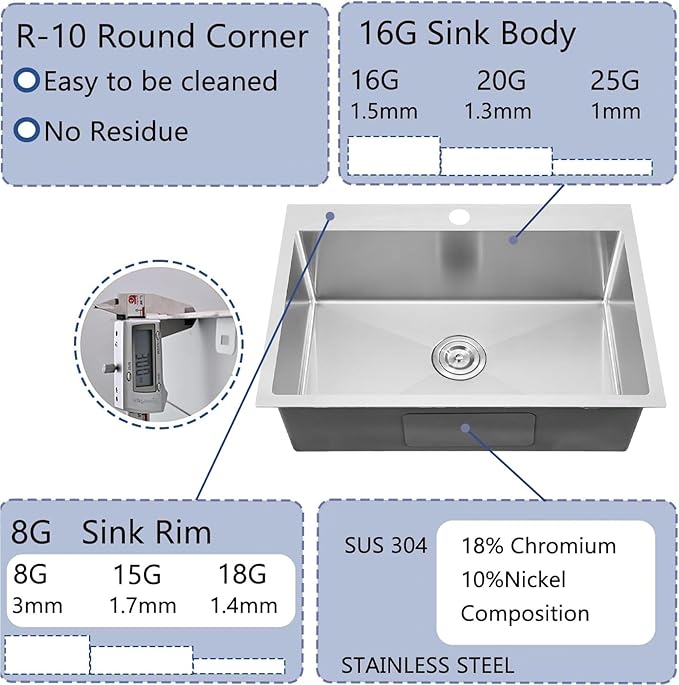 28X18 Inch Drop In Kitchen Sink, Topmount Stainless Steel Brushed Nickel Single Bowl Kitchen Sink, Extra-thick 16 Gauge For RV Laundry Utility with Basket Strainer, VALYJ281809SD