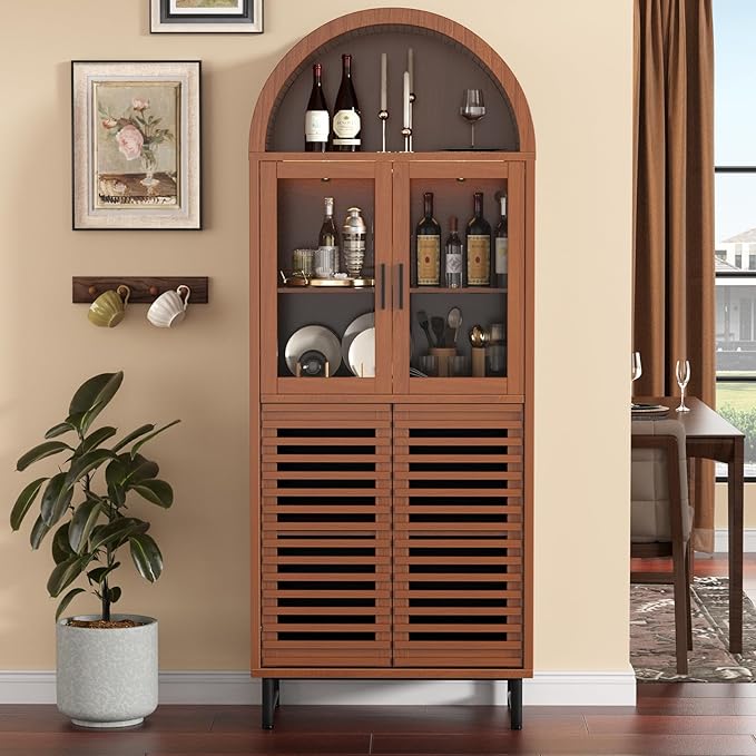 Kitchen Pantry Cabinet with Glass Doors - Arched Design, Metal U Legs, Artistic Slatted Door, Adjustable Shelves, 78.4" Curved Storage Cabinet for Kitchen, Dining Room