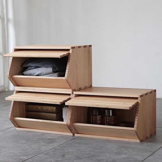 Stackable Solid Wood Storage Chests,Hall Entryway Cabinet,Modular Wooden Multi-use Box,Bins with Lids,Closet Storage Organizers,Drawers,Potato,Onion,Bread,Classify by Items,19.5”W(3 Pack)