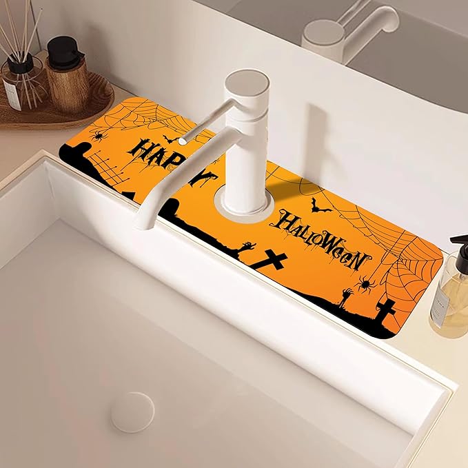Halloween Bats Spider Webs Dish Drying Mat for Kitchen Sink Splash Guard Behind Faucet Sink Mat Absorbent Fast Drying Faucet Draining Mat for Bathroom Kitchen 5.5"×15"